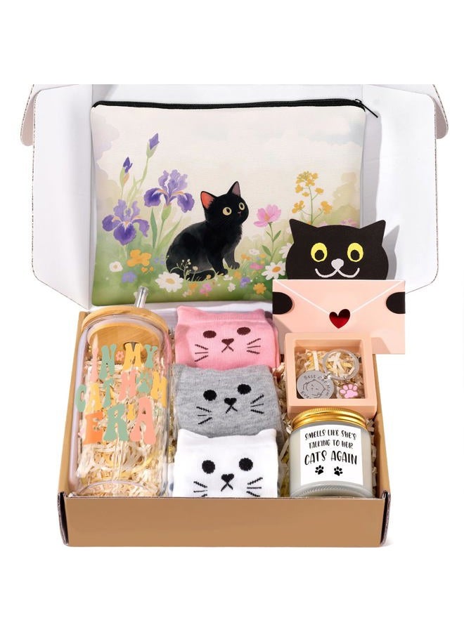 Giftissimo Cat Lover Gifts for Women, Cat Gifts for Women, Cat‘s Themed Gift for Christmas Mother's Day Birthdays, Funny Gift for Cats Lovers for Crazy Cats Lady Mom Daughters with Glass Cup Scented Candle Socks - Image 1