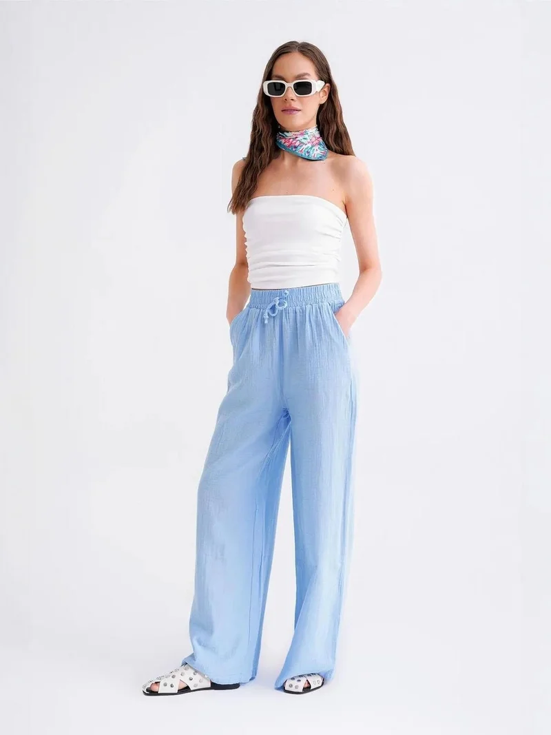 Mixray Baby Blue Mixray High Waist Textured Muslin Fabric Pants for Women | Best Price UAE