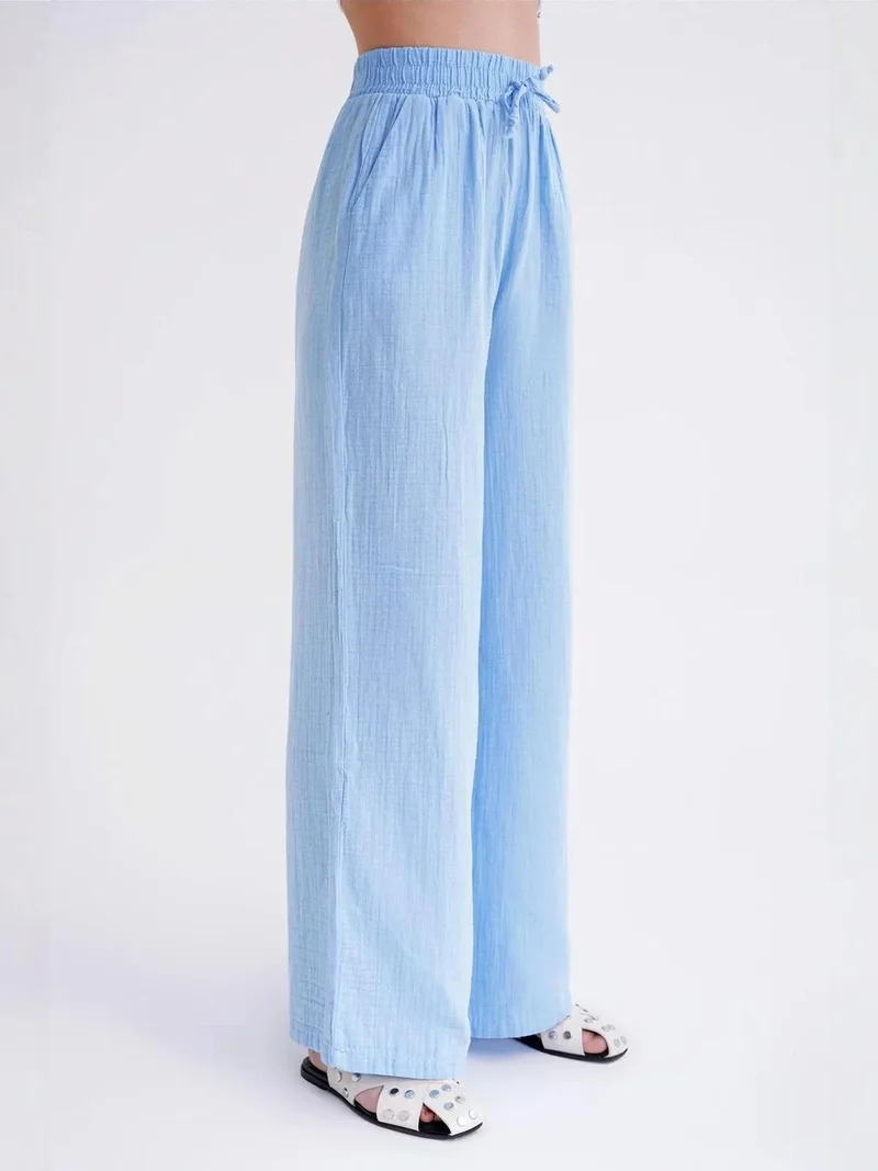 Mixray Baby Blue Mixray High Waist Textured Muslin Fabric Pants for Women | Best Price UAE