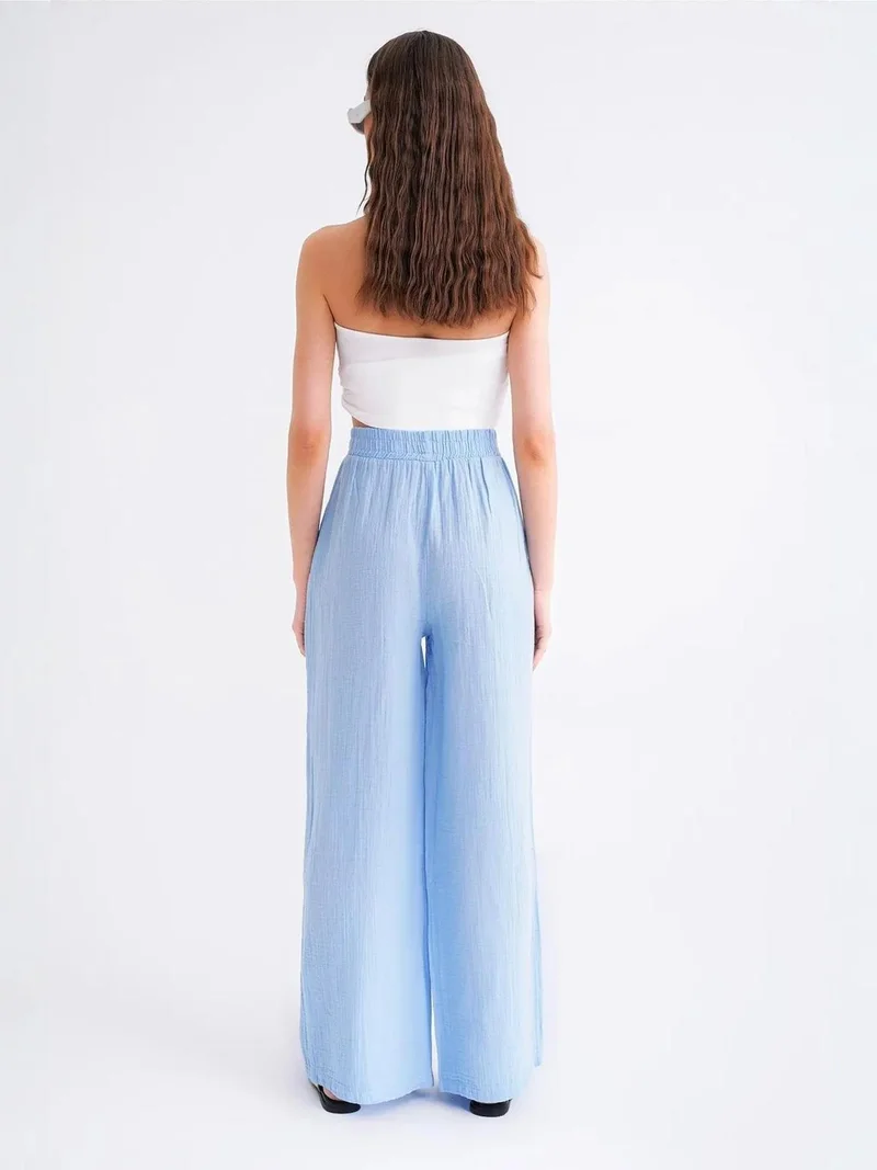 Mixray Baby Blue Mixray High Waist Textured Muslin Fabric Pants for Women | Best Price UAE