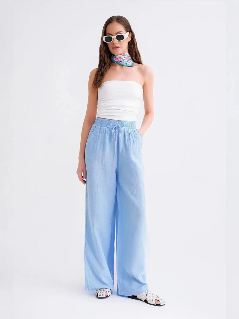 Mixray Baby Blue Mixray High Waist Textured Muslin Fabric Pants for Women | Best Price UAE