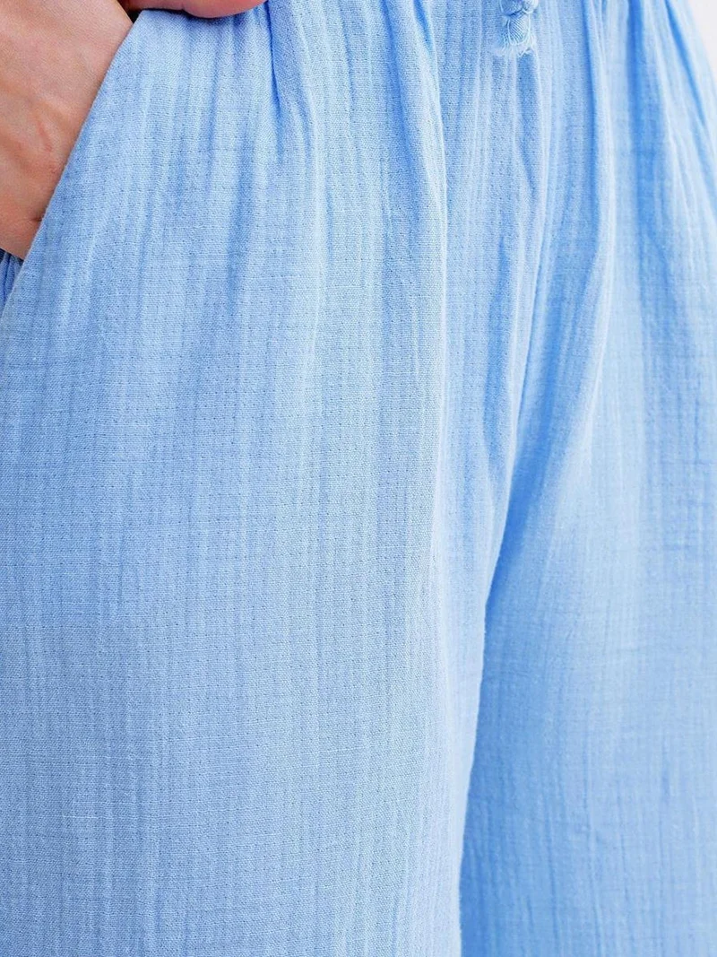 Mixray Baby Blue Mixray High Waist Textured Muslin Fabric Pants for Women | Best Price UAE
