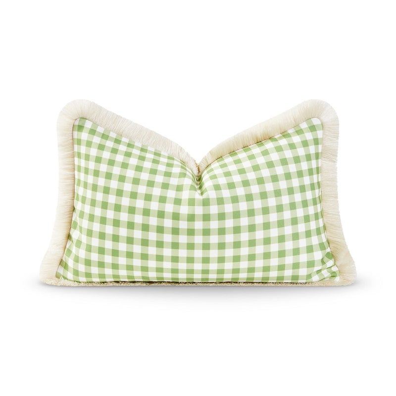 Hofdeco Premium Hofdeco Premium Coastal Patio Indoor Outdoor Lumbar Pillow Cover Only 12x20 Water Resistant for Backyard Couch Green Gingham Fringe 