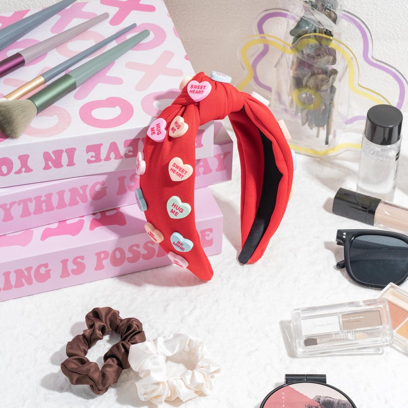 PANTIDE Valentine's Day Conversation Heart Knotted Headband - Love Candy Embellished Headband Non Slip Wide Top Knot Fashion Hairband Hair Accessories Birthday Gift for Women Girls (Red) - Image 4