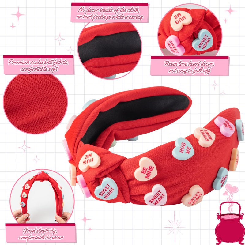 PANTIDE Valentine's Day Conversation Heart Knotted Headband - Love Candy Embellished Headband Non Slip Wide Top Knot Fashion Hairband Hair Accessories Birthday Gift for Women Girls (Red) - Image 3