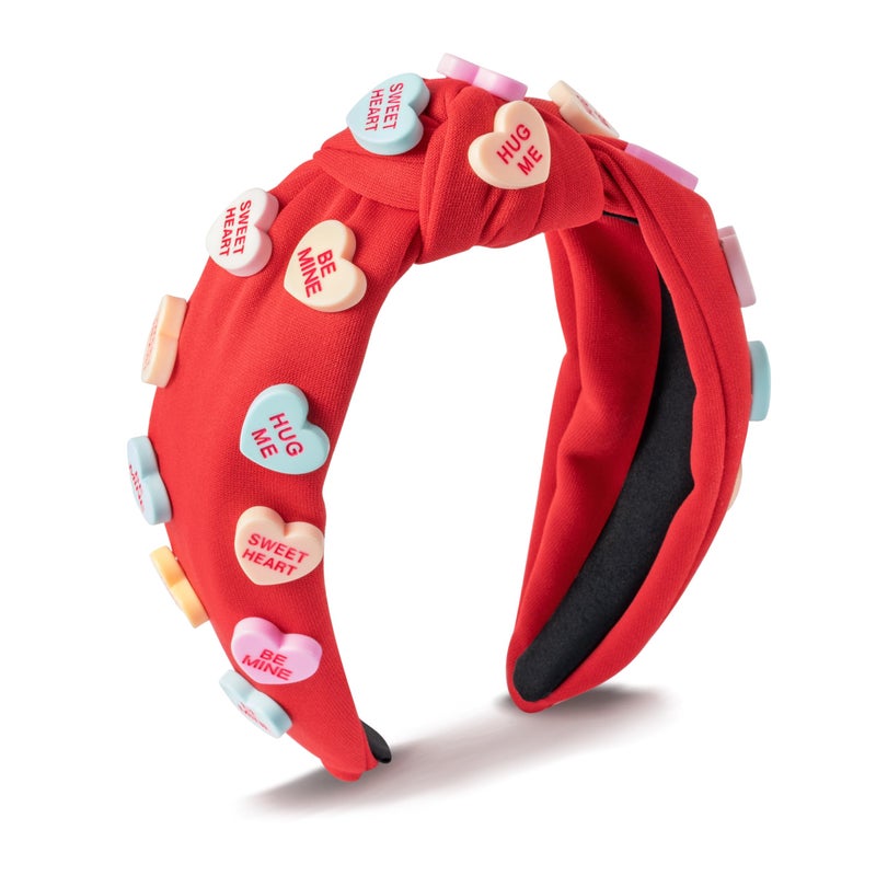 PANTIDE Valentine's Day Conversation Heart Knotted Headband - Love Candy Embellished Headband Non Slip Wide Top Knot Fashion Hairband Hair Accessories Birthday Gift for Women Girls (Red) - Image 1