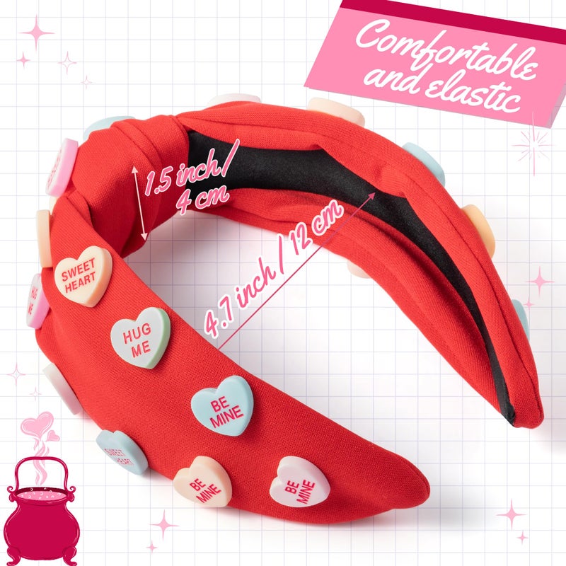 PANTIDE Valentine's Day Conversation Heart Knotted Headband - Love Candy Embellished Headband Non Slip Wide Top Knot Fashion Hairband Hair Accessories Birthday Gift for Women Girls (Red) - Image 2