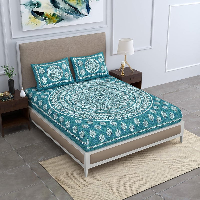Colorish Cotton Blend Traditional Mandala Jaipuri Printed Bedsheet for Double Bed King Size with 2 Pillow Covers Sea Green H603 120 TC - Image 3