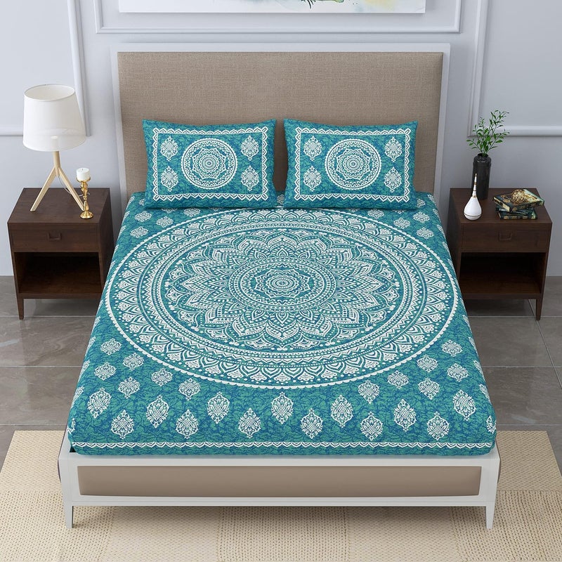 Colorish Cotton Blend Traditional Mandala Jaipuri Printed Bedsheet for Double Bed King Size with 2 Pillow Covers Sea Green H603 120 TC - Image 4