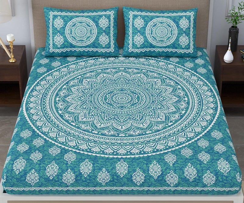 Colorish Cotton Blend Traditional Mandala Jaipuri Printed Bedsheet for Double Bed King Size with 2 Pillow Covers Sea Green H603 120 TC - Image 2
