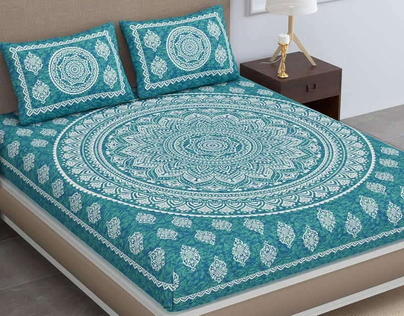 Colorish Cotton Blend Traditional Mandala Jaipuri Printed Bedsheet for Double Bed King Size with 2 Pillow Covers Sea Green H603 120 TC - Image 1