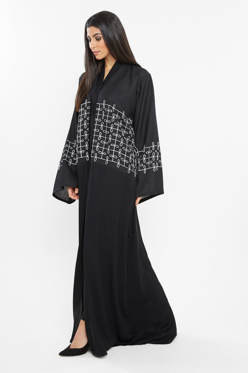 NUKHBAA A trendly yet casual abaya with white knitted embroidery on the top half.-AJ107A - Image 2