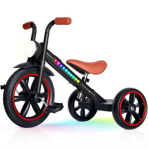 KRIDDO Kids Tricycle 12 Inch Puncture Free Wheel w Front Light Adjustable Seat Height Gift for 25 Year Olds BlackLED - Image 1