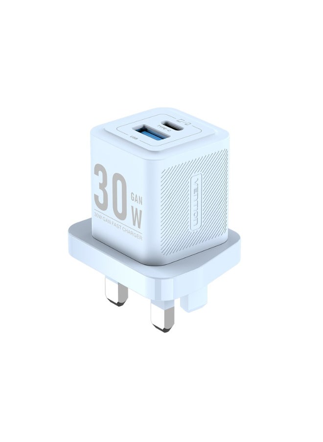 VENTION VENTION 2-Port USB (C + A) GaN Charger (30W/30W) UK-Plug Blue Model# FEQL0-UK  - Image 1