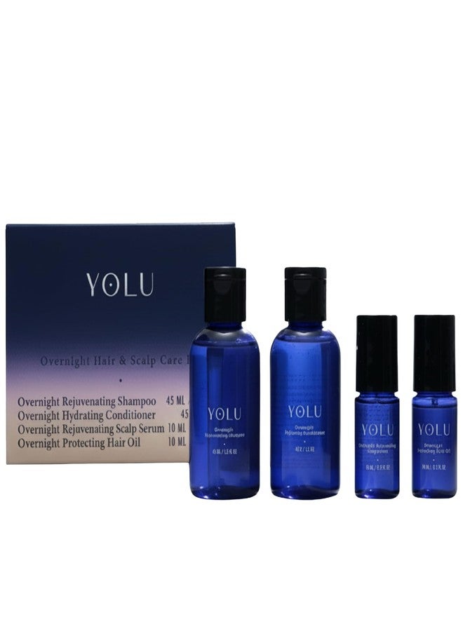 YOLU - Travel Size Hair Care Kit - Japanese Hair Care Starter Kit - Overnight Scalp Serum, Hair Oil, Shampoo & Conditioner - Travel Toiletries - Gift Set for Women - 4 Step System - Image 1