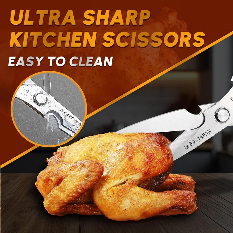 Huusk Kitchen Scissors Set Silver - Stainless Steel Kitchen Shear, Sharp Meat Scissors Dishwasher Safe, Heavy Duty Poultry Shears, Japanese Cooking Scissor for Food, Christmas Gifts for Men Women - Image 2