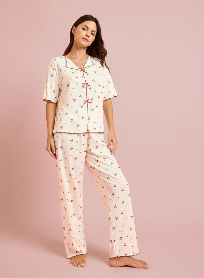 Styli Yellow Cherry Print Short Sleeve Top and Pyjama Set