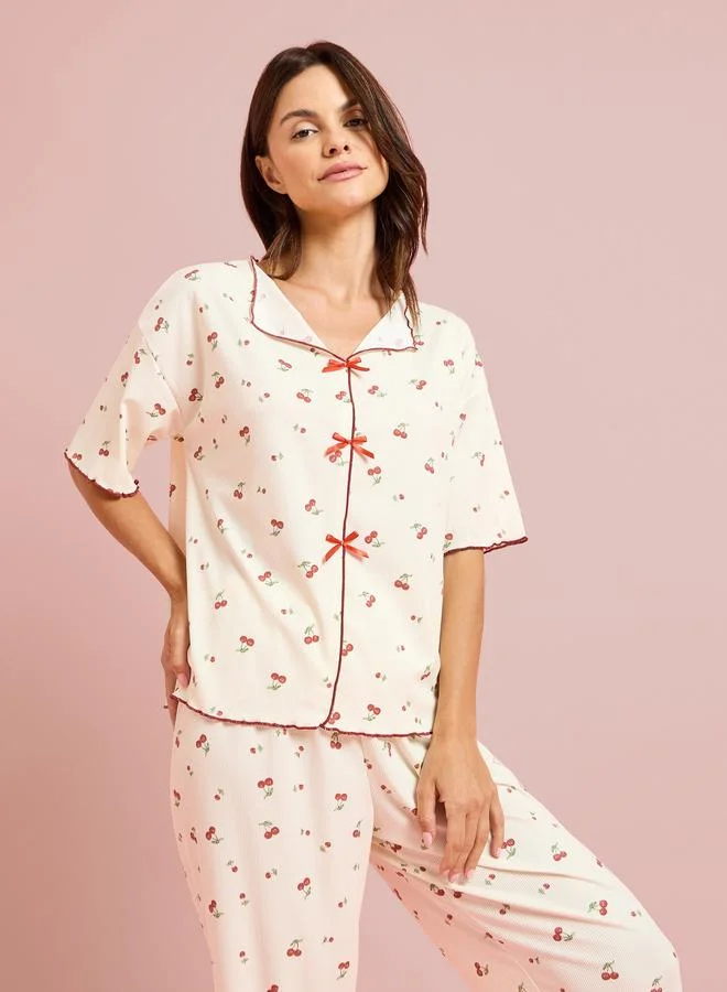 Styli Yellow Cherry Print Short Sleeve Top and Pyjama Set