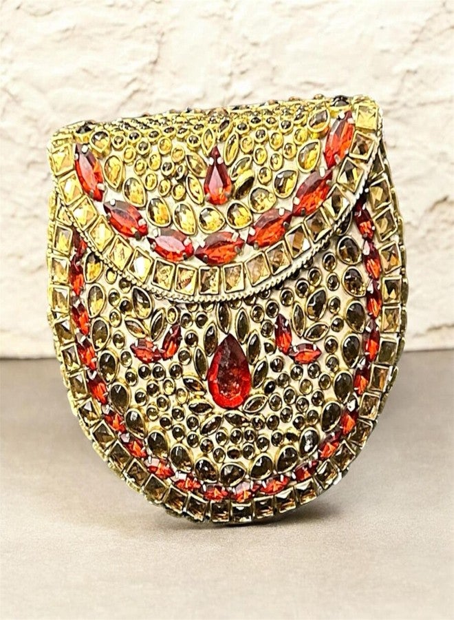 Gold Metal Mini Kundan Clutch for Women Red & Golden Stone Embellished Party Wedding Bag | Bridal, Nikah, Evening & Birthday Gift Purse (A R HANDICRAFT) - Image 5
