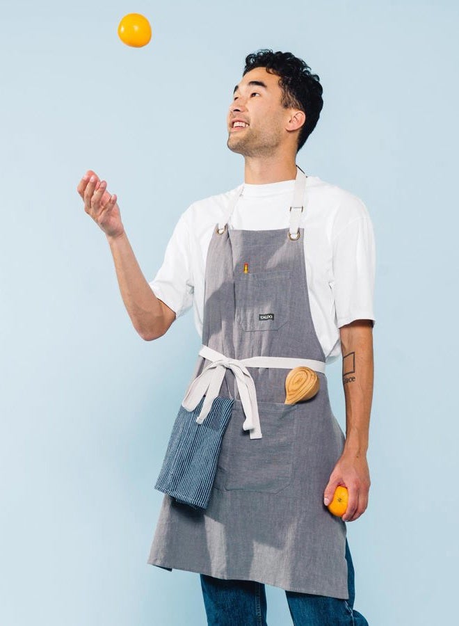 Caldo Linen Kitchen Apron by - Mens and Womens Linen Bib Apron - Adjustable with Pockets - Inspired by Professional Chefs (Grey) - Image 3