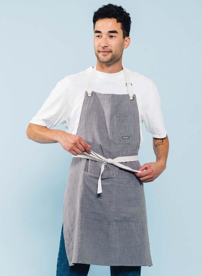 Caldo Linen Kitchen Apron by - Mens and Womens Linen Bib Apron - Adjustable with Pockets - Inspired by Professional Chefs (Grey) - Image 2