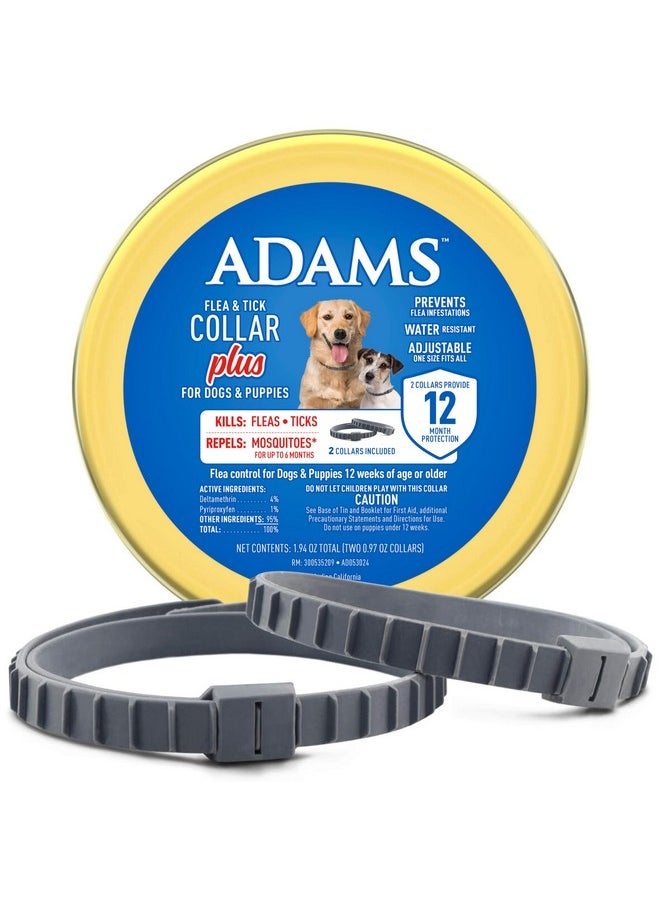 ADAMS Adams Flea & Tick Collar Plus for Dogs & Puppies |2 Pack |12-Month Protection |One Size Fits All Dogs & Puppies 12 Weeks and Older |Kills Fleas and Ticks |Repels Mosquitoes (excluding California)  - Image 1