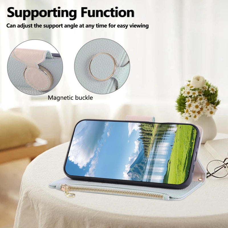 إيروريكس جراب هاتف جلدي بسحاب دائري لهاتف iPhone 15 Pro Max مع حزام كتف (أزرق سماوي) - Image 5