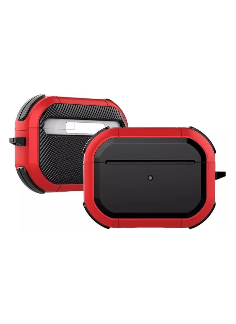 ماركة غير محددة - غطاء حماية Armor for Airpods Pro 2 مع سلسلة مفاتيح، غطاء حماية كامل الجسم من الصدمات بهيكل صلب عسكري لسماعات Airpods Pro الجيل الثاني (أحمر في أسود) - Image 1
