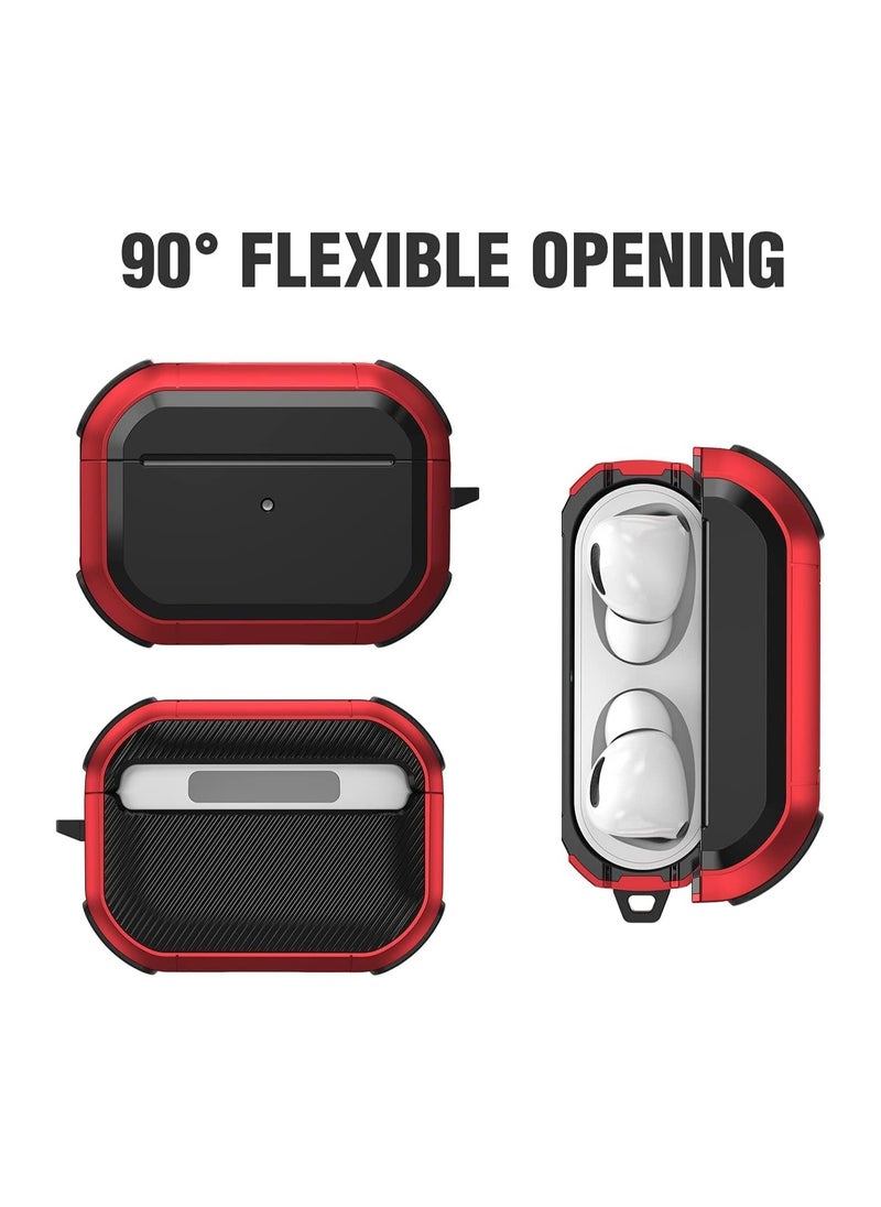 ماركة غير محددة - غطاء حماية Armor for Airpods Pro 2 مع سلسلة مفاتيح، غطاء حماية كامل الجسم من الصدمات بهيكل صلب عسكري لسماعات Airpods Pro الجيل الثاني (أحمر في أسود) - Image 1