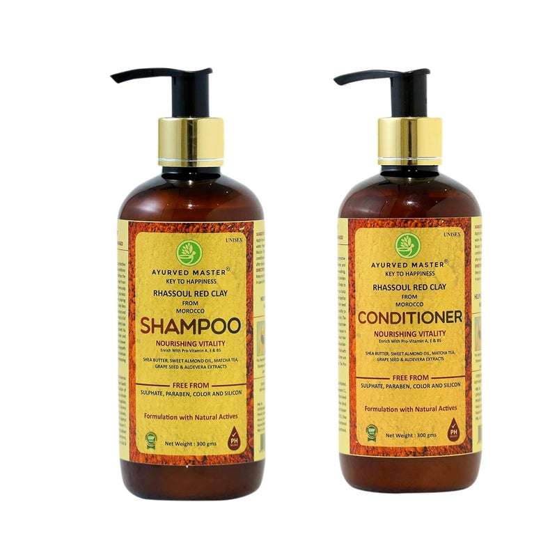 Ayurved Master Moroccan Rhassoul Red Clay Shampoo and Conditioner Combo For Nourishing Hair Vitalty Strengthening Softening and Restore Hair Shine 300ml Each - Image 1
