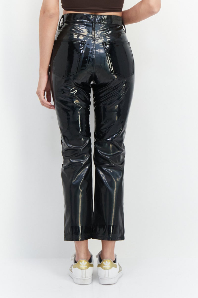 TOPSHOP Women Regular Fit Textured Vinyl Pants, Black - Image 4