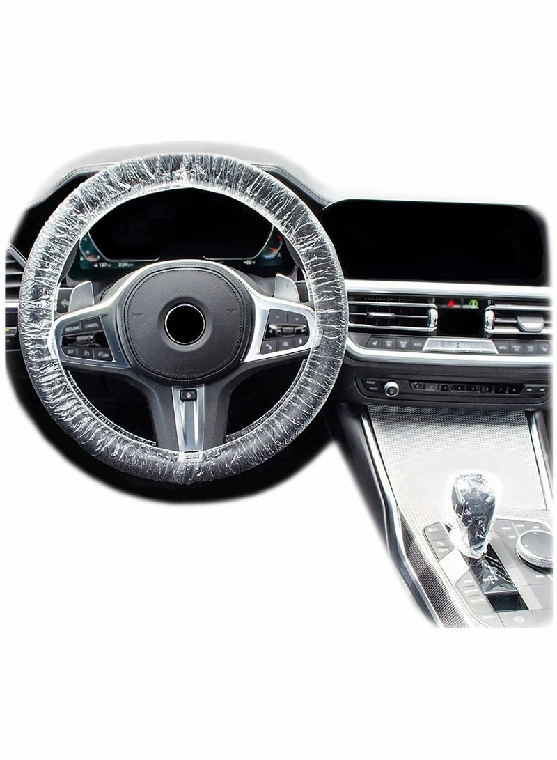 100 Piece Set of Disposable Steering Wheel Covers and Gear Selector Shifter Knob Covers Universal Fit, Clear Plastic with Elastic Bands Handbrake Cover, Keep Auto Interior Clean Sanitary