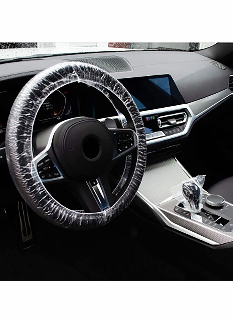 100 Piece Set of Disposable Steering Wheel Covers and Gear Selector Shifter Knob Covers Universal Fit, Clear Plastic with Elastic Bands Handbrake Cover, Keep Auto Interior Clean Sanitary