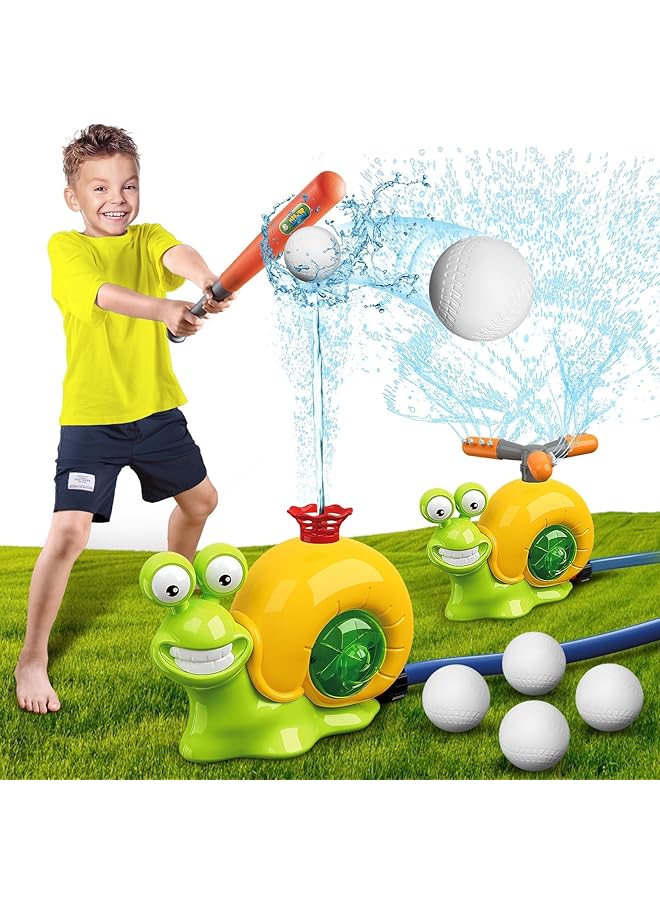 إكسفور لعبة رشاش مياه بيسبول للأطفال للعب في الهواء الطلق 2 في 1 لعبة مياه صيفية على شكل حلزون مع رأسين للرش، ألعاب رش مياه دوارة 360 درجة للأطفال من سن 4 إلى 8 سنوات، حفلات صيفية في الفناء الخلفي أو حمام السباحة - Image 1