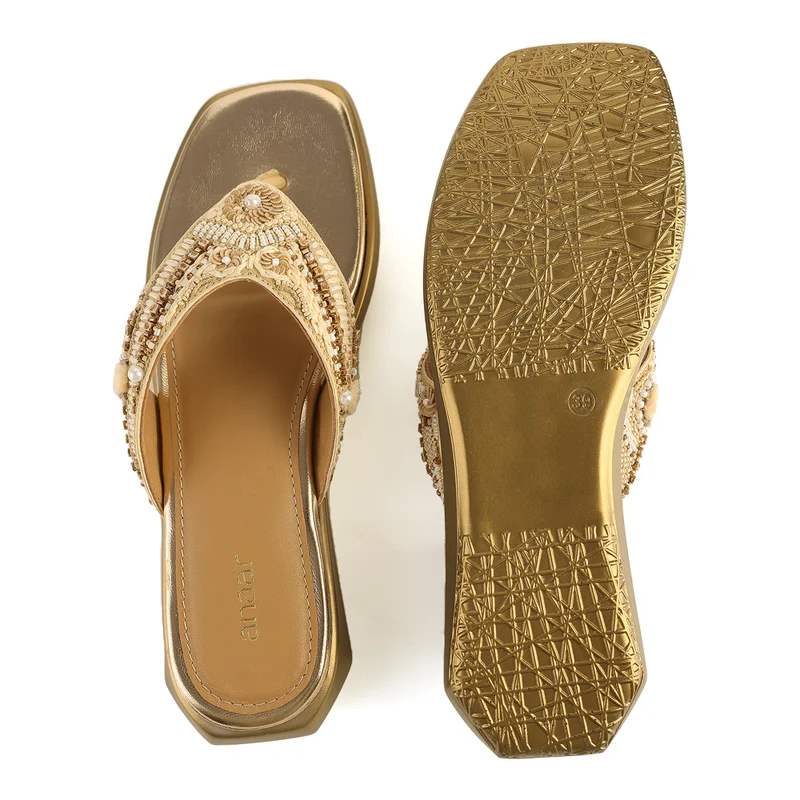 Anaar Anaar The Chicas Gold Satin Embellished Open Sandals – Elegant Occasion Wear