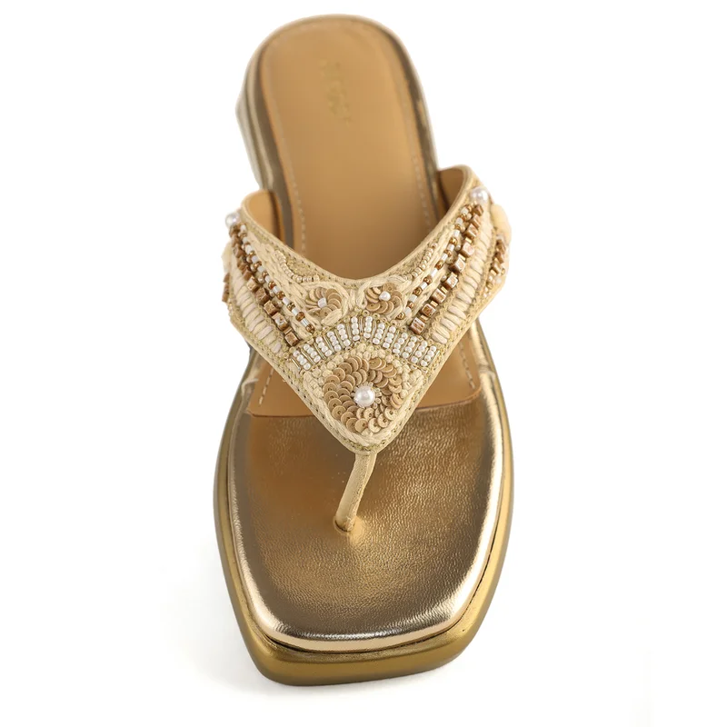 Anaar Anaar The Chicas Gold Satin Embellished Open Sandals – Elegant Occasion Wear