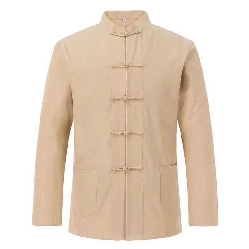 New Chinese Style Chinese Style Mens Cotton and Linen Long-sleeved Shirt Mens Loose Retro Chinese Button Shirt Mens Practice Clothes Khaki - Image 1