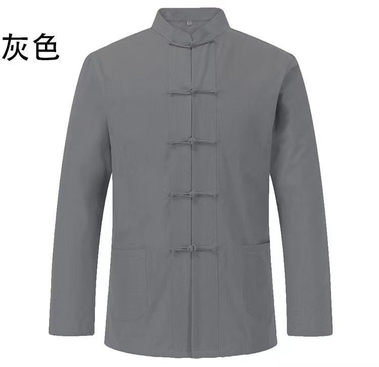 New Chinese Style Chinese Style Mens Cotton and Linen Long-sleeved Shirt Mens Loose Retro Chinese Button Shirt Mens Practice Clothes Khaki - Image 3