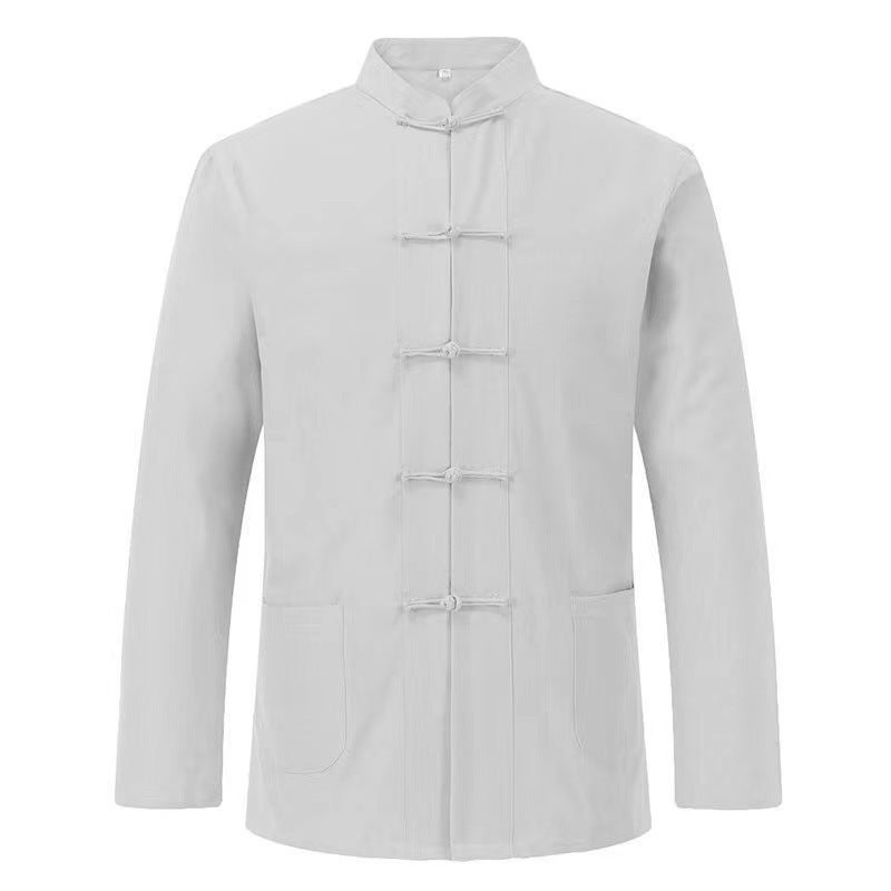 New Chinese Style Chinese Style Mens Cotton and Linen Long-sleeved Shirt Mens Loose Retro Chinese Button Shirt Mens Practice Clothes Khaki - Image 4