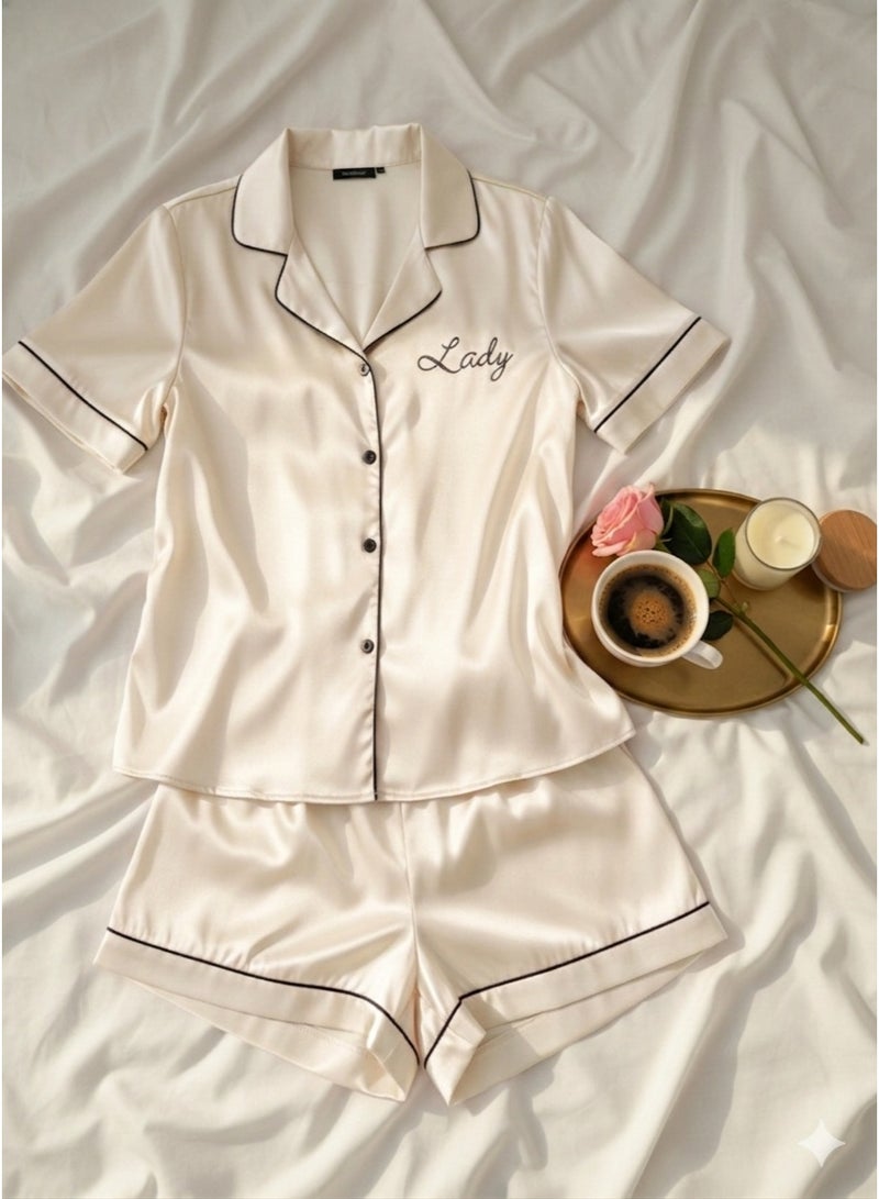 LADY Women's Satin Pajama White Set – Button-Up Shirt & Comfortable Shorts Sleepwear - Image 1