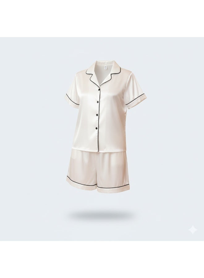 LADY Women's Satin Pajama White Set – Button-Up Shirt & Comfortable Shorts Sleepwear - Image 3