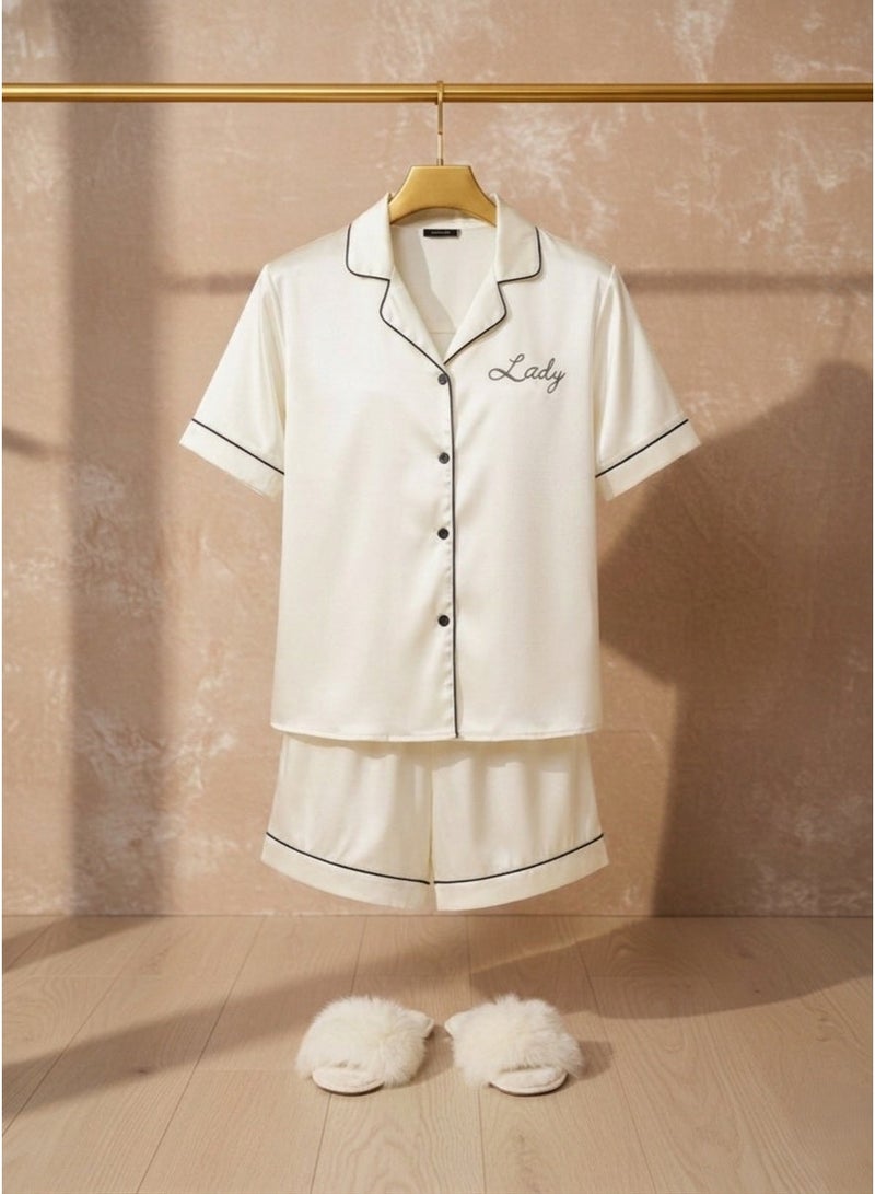 LADY Women's Satin Pajama White Set – Button-Up Shirt & Comfortable Shorts Sleepwear - Image 5