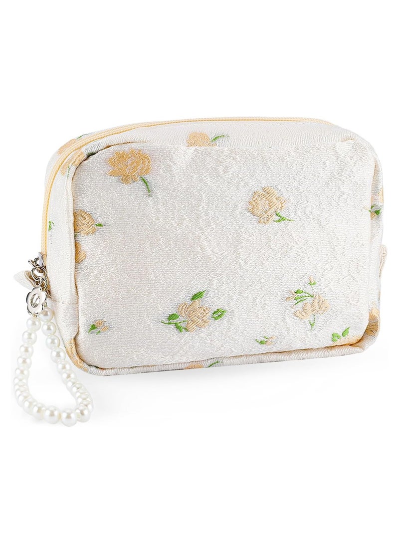 SYOSI Flower Makeup Bag, Travel Cute Cosmetic Bags, for Women Large Makeup Pouch, Pearl Zipper Cosmetic Pouch, for Purse Aesthetic Makeup Organizer Bag, Portable Toiletry Bag (Beige)  - Image 1