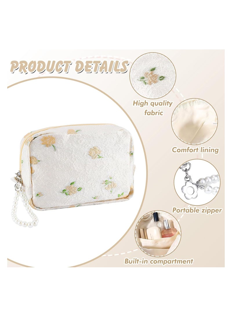 SYOSI Flower Makeup Bag, Travel Cute Cosmetic Bags, for Women Large Makeup Pouch, Pearl Zipper Cosmetic Pouch, for Purse Aesthetic Makeup Organizer Bag, Portable Toiletry Bag (Beige)  - Image 2
