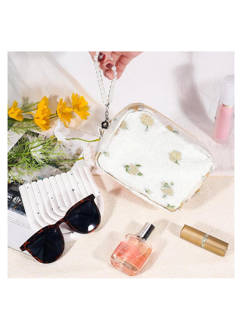 SYOSI Flower Makeup Bag, Travel Cute Cosmetic Bags, for Women Large Makeup Pouch, Pearl Zipper Cosmetic Pouch, for Purse Aesthetic Makeup Organizer Bag, Portable Toiletry Bag (Beige)  - Image 4