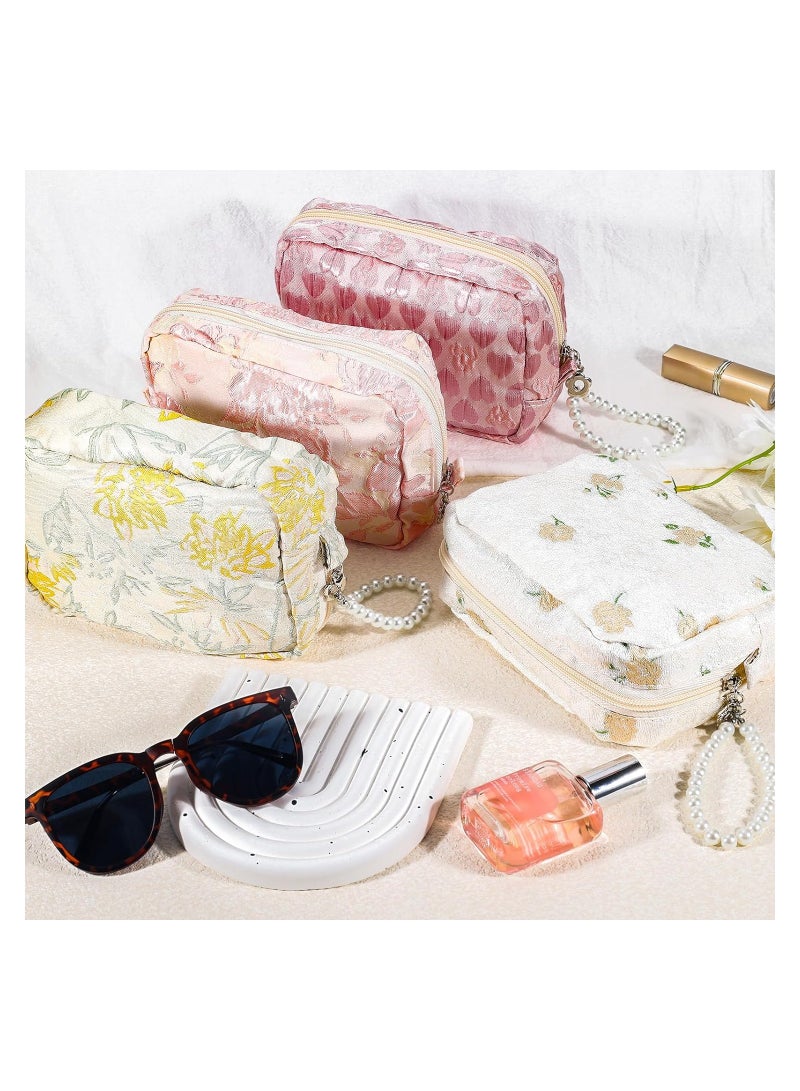 SYOSI Flower Makeup Bag, Travel Cute Cosmetic Bags, for Women Large Makeup Pouch, Pearl Zipper Cosmetic Pouch, for Purse Aesthetic Makeup Organizer Bag, Portable Toiletry Bag (Beige)  - Image 3