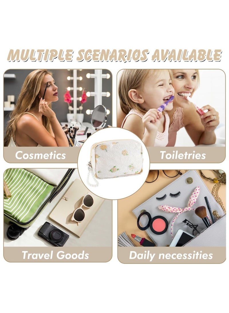 SYOSI Flower Makeup Bag, Travel Cute Cosmetic Bags, for Women Large Makeup Pouch, Pearl Zipper Cosmetic Pouch, for Purse Aesthetic Makeup Organizer Bag, Portable Toiletry Bag (Beige)  - Image 5
