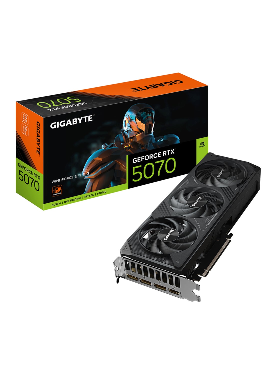 GeForce RTX 5070 WINDFORCE SFF 12GB GDDR7 Graphics Card, 2512 MHz Core Clock, 6144 CUDA Cores, 28 Gbps Memory Clock, 192-bit Memory Bus, PCIe 5.0, 7680x4320 Digital Max Resolution, 4K Multi-View, ATX Form Factor, 16-Pin Power Connector, DisplayPort 2.1b (x3), HDMI 2.1b (x1) | GV-N5070WF3-12GD