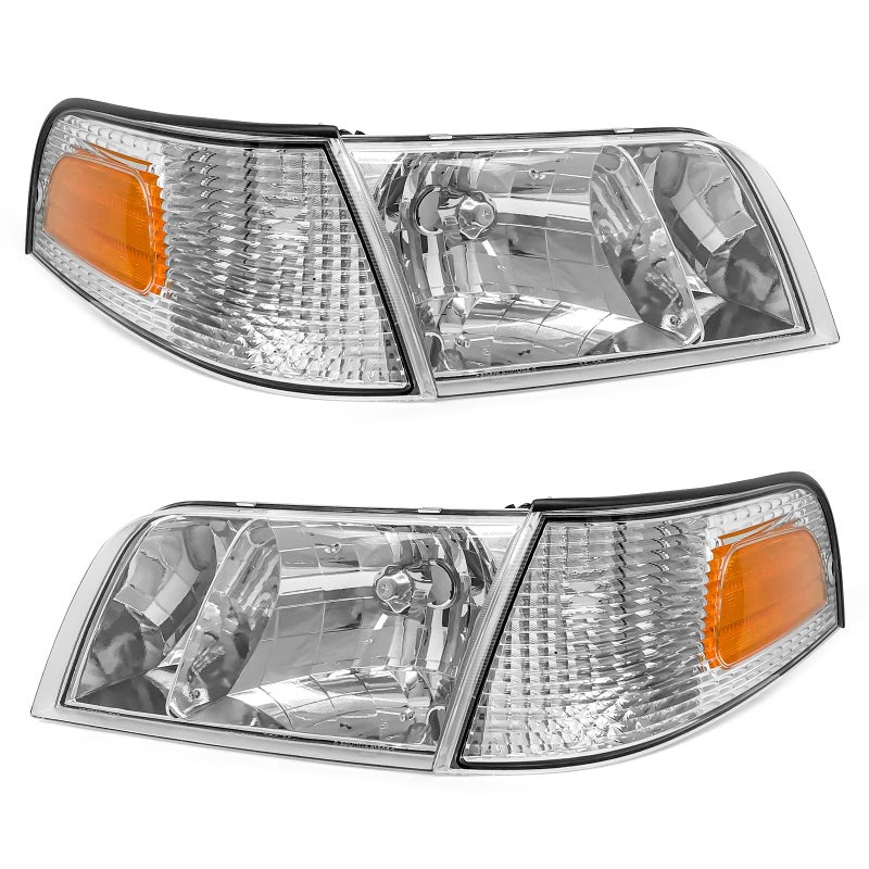 ADCARLIGHTS Headlight Assembly Compatible with Ford Crown Victoria 1998 1999 2000 2001 2002 2003 2004 2005 2006 2007 2008 2009 2010 2011 Replacement Headlamp Pair wChrome Housing Amber Reflector