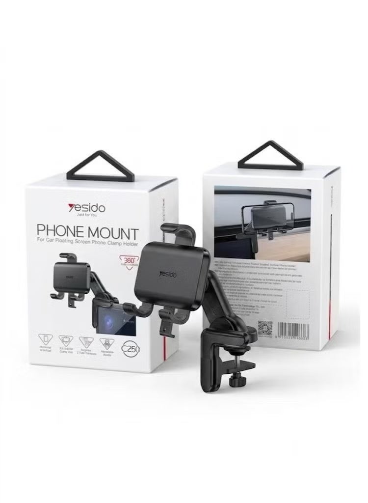 Yesido C250 Car Phone Mount Holder, 360° Rotating Floating Screen Clamp Stand, Adjustable Mobile Phone Holder for Car Dashboard & Display Screens, Secure Smartphone Mount for Navigation, Hands-Free Viewing, Driving & Daily Use, Black - Image 1